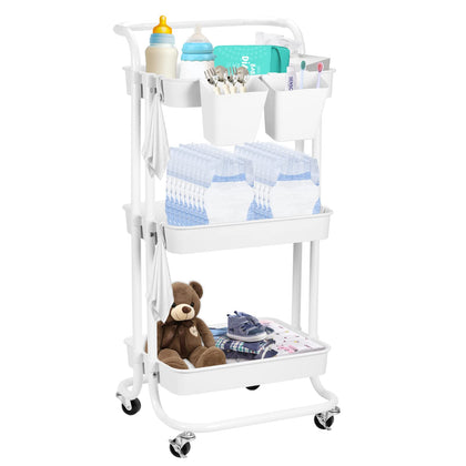 Baby Diaper Caddy Cart Metal Nursery Storage Organizer 3-Tier Rolling Cart Organizer for Diapers and Baby Wipes Newborn Essentials Storage Cart (White)