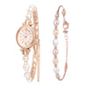 Ibohevo Pearl Bracelet Cuff Watches: Women Rose Gold Waterproof Diamond Dress Analog Watch Oval Pearls Bangle Watch Bracelets Set Gift