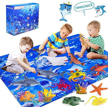 INNOCHEER Kids Ocean Animals Toys, Sea Animals Toys for Kids,18 Pack Ocean Toys for Kids Toddlers Boys Girls Age 3-8-12, Sea Creatures Toys Set for Kids with PlayMat Including Shark, Whale, Dolphin