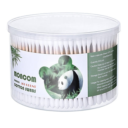 MONCOM Cotton Swabs 500 Count Double Round Thick Tips | Biodegradable & Organic Strong Wooden Sticks Cotton Swabs For Ears | Firm Qtips cotton swabs | Natural Cotton Buds, 3 inch, One Small box