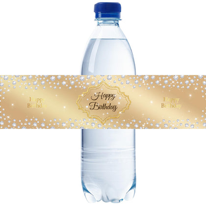 Gold Happy Birthday Water Bottle Labels, Diamond Gold Glitter Cheers to 16/21/30/40 Years Birthday Stickers, Happy Birthday/Anniversary Water Bottle Lables for Men Women - 32pcs