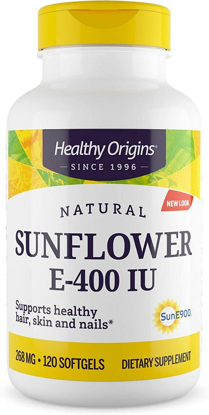 Healthy Origins Vitamin E, 400 IU Sunflower (Sun E 900) - Vitamin E Supplement - Hair, Skin & Nails Vitamins - Non-GMO & Gluten-Free Supplement - 120 Softgels