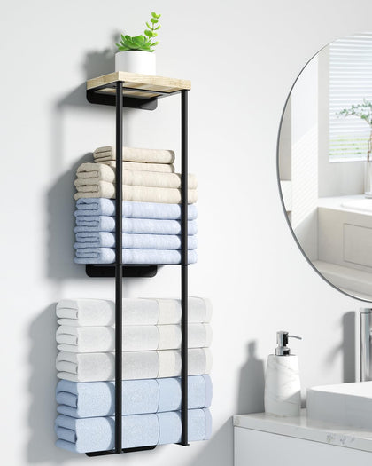 Nroech Towel Racks for Bathroom, 2 Tier Wall Towel Holder with Wood Shelf, Metal Wall Towel Rack Mounted Towel Storage for Small Bathroom