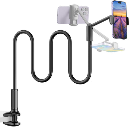 SAIJI Gooseneck Phone Holder for Bed, 360° Rotate Support Rod One-Hand Adjustable Cell Phone Holder, Flexible Long Arm Headboard Clip Clamp Cell Phone Stand, Compatible with All 4.7-7
