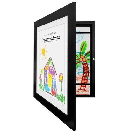 Americanflat Front Loading Kids Art Frame in Black - 8.5x11 Picture Frame with Mat and 10x12.5 Without Mat - Changeable Display - Holds 100 Pieces