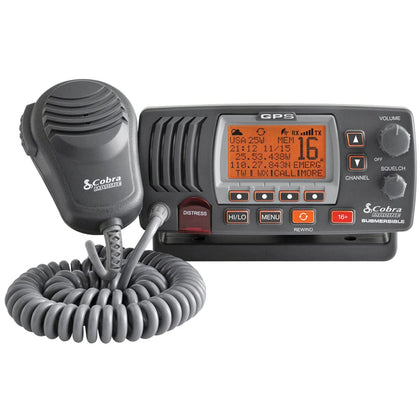 Cobra MR F77B GPS Fixed Mount VHF Marine Radio - 25 Watt VHF, Built-In GPS Receiver, Submersible, LCD Display, Noise Cancelling Mic, NOAA Weather, Signal Strength Meter, Scan Channels, Black/Grey