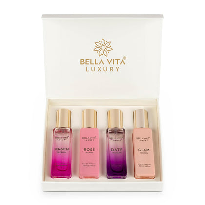 Bella Vita Organic Woman Eau De Parfum Gift Set 4x20 ml for Women with Date, Senorita, Glam, Rose Perfume | Floral, Fruity Long Lasting EDP Fragrance Scent