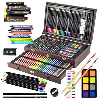 Sunnyglade 145 Piece Deluxe Art Set, Wooden Box & Drawing Kit with Crayons, Oil Pastels, Colored Pencils, Watercolor Cakes, Sketch Pencils, Paint Brush, Sharpener, Eraser, Color Chart (Cherry)