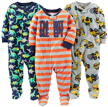 Simple Joys by Carter's Baby Boys' Loose-Fit Flame Resistant Fleece Footed Pajamas, Pack of 3, Grey Construction/Navy Dinosaur/Orange Stripe, 18 Months