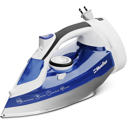 Mueller Professional Grade Steam Iron, Retractable Cord for Easy Storage, Shot of Steam/Vertical Shot, 8 Ft Cord, 3 Way Auto Shut Off, Self Clean, Blue