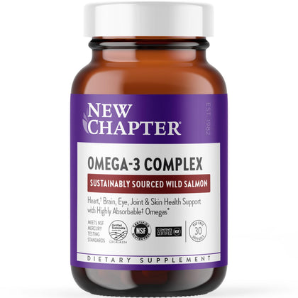 New Chapter Omega-3 Complex, Fish Oil Supplement Wild Alaskan Salmon for Heart, Brain, Eye, Joint & Skin Health Support - 30 Count