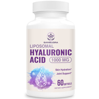 Sambugra Liposomal Hyaluronic Acid Supplements, High Bioavailability Hyaluronic Acid Capsules, 1000mg Hyaluronic Acid, Dietary Supplement Support Skin Hydration and Joint Lubrication, 60 Capsules