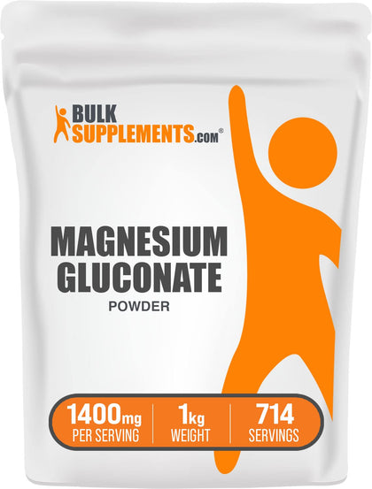 BulkSupplements.com Magnesium Gluconate Powder - Magnesium Supplement, Magnesium Gluconate Supplement - Gluten Free, 1400mg (75mg of Magnesium) per Serving, 1kg (2.2 lbs)
