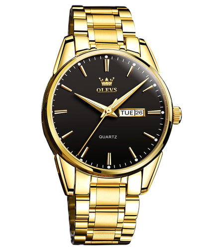 OLEVS Men's Watches Quartz Luxury Dress Watch Gold Stainless Steel Day Date 3ATM Waterproof Luminous Male Wrist Watches Black Dial