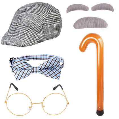 Yewong Kids Old Man Costume Grandpa Accessories Beret Hat Mustache Eyebrows Inflatable Cane Glasses Bowite Set