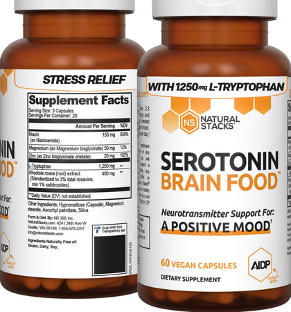 NATURAL STACKS Serotonin Brain Food w/L-Tryptophan & Rhodiola Rosea - Mood Support Supplement - Promotes Positive Mood, Calmness, Stress Relief - Happy Mood & Brain Support Supplement - 60 Capsules
