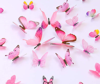 36PCS Butterfly Wall Decals - 3D Butterflies Wall Stickers Removable Mural Decor Wall Stickers Decals Wall Decor Home Decor Kids Room Bedroom Decor Living Room Decor- Pink
