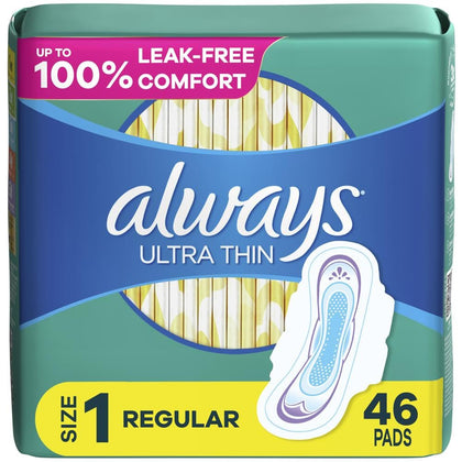 Always Ultra Thin, Feminine Pads For Women, Size 1 Regular Absorbency, With Wings, Unscented, 46 Count
