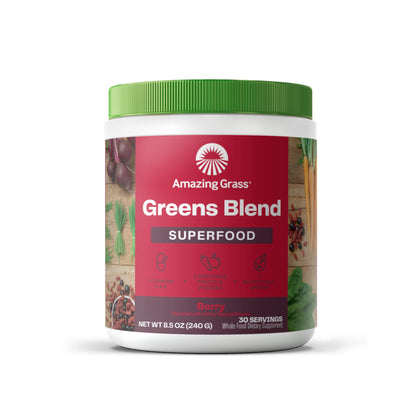 Amazing Grass Greens Blend Superfood: Super Greens Powder Smoothie Mix with Organic Spirulina, Chlorella, Beet Root Powder, Digestive Enzymes, Prebiotics & Probiotics, Berry, 30 Servings