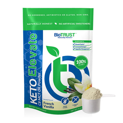 BioTrust Keto Elevate - Pure C8 MCT Oil Powder - Ketogenic Diet Supplement & Paleo Coffee Creamer for Clean Energy, Mental Focus, and Clarity - Non-GMO 100% Caprylic Acid (French Vanilla, 20 Servings)