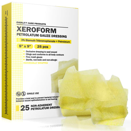 EVERLIT Xeroform Petrolatum Dressing | Sterile, Non-Adherent Occlusive Fine Mesh Gauze Pad | Non-Toxic, Gentle Patch for Burns, Laceration, Surgical Incisions & Skin Grafts (5