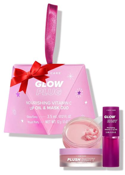 I DEW CARE Glow Plug Nourishing Vitamin C Lip Oil & Mask Duo - Glow Easy and Plush Party | Vitamin C Lip Gloss, Overnight Lip Mask, Gifts Idea, Holiday, Christmas Stocking Stuffers for Women and Girls