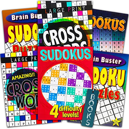 Sudoku Crossword Puzzle Books for Adults Seniors Super Set ~ Bundle of 6 Jumbo Crossword and Sudoku Puzzle Books Plus Pen and Magnifier (Over 550 Puzzles Total)