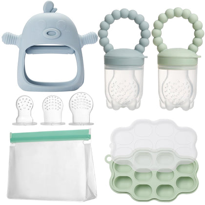 WEST STORY Baby Feeding & Teething Kit, Includes Breastmilk Popsicle Molds, 2 Baby Fruit Food Feeders Pacifiers, 3 Extra Food Pouches, Silicone Teething Toys & Storage Bag for Infant Newborn, BPA Free