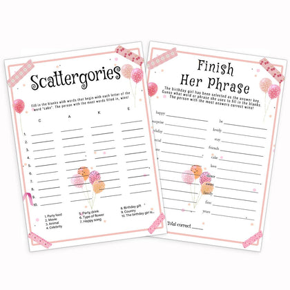 Birthday Party Games Set for Girls, Funny Girl Party Game, Girl Birthday Supplies, Activity, Includes Finish Her Phrase, Scattergories, 20 Double Sided Games Cards