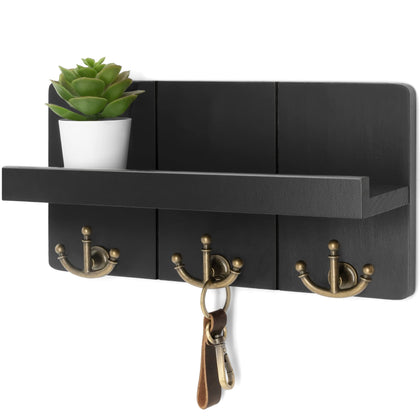 Rebee Vision Decorative Key and Mail Holder for Wall: Farmhouse Mail Organizer with Floating Shelf and 3 Anchor Key Hooks - Rustic Key Hanger for Farmhouse Entryway Decor (Modern Black)