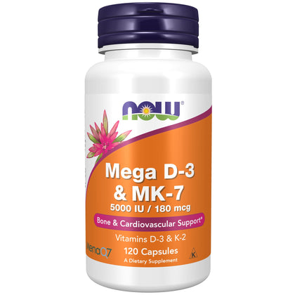 NOW Supplements, Mega D-3 & MK-7, 5000 IU / 180 mcg, Bone & Cardiovascular Support*, Vitamins K-3 & K-2, 120 Capsules