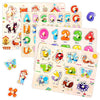 Wooden Peg Puzzles Set for Toddlers 3 4 Years Old, Alphabet ABC, Numbers and Farm Animals Learning Puzzles Board for Kids, Preschool Educational Pegged Puzzles Activity Toys Gift for Boys Girls