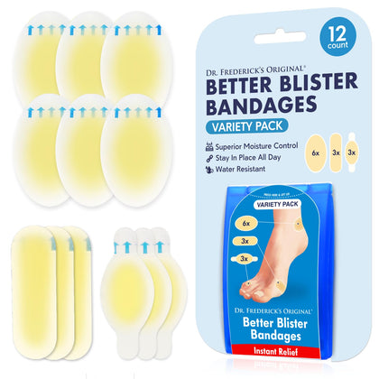 Dr. Frederick's Original Better Blister Bandages - 12ct - Water Resistant - 25% More Cushioning - Hydrocolloid Bandages for Foot, Toe, & Heel - Blister Pads for Prevention & Recovery - Variety Pack