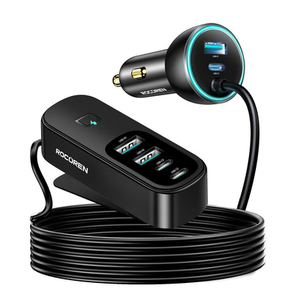 Rocoren 105W USB C Car Charger 6-Port for Family Travel, PD 35W & QC3.0 30W Super Fast Charging for Multiple Devices, Cigarette Lighter USB Charger with 5FT Cable for iPhone 15, iPad Pro, Samsung S23