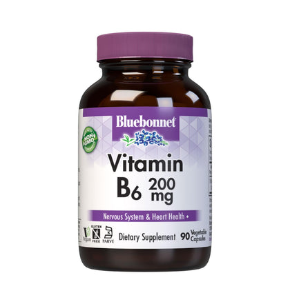Bluebonnet Nutrition Vitamin B6 Vegetable Capsules, 200 mg, For Cardiovascular and Nervous System Health, Soy Free, Gluten Free, Kosher, Dairy Free, Vegan, Non-GMO, 90 Vegetable Capsules, 90 Servings