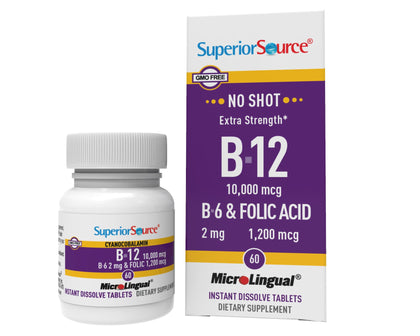 Superior Source No Shot Vitamin B12 Cyanocobalamin (10000 mcg), B6, Folic Acid, Quick Dissolve Sublingual Tablets, 60 Count, Increase Energy, Healthy Heart, Boost Metabolism, Stress Support, Non-GMO