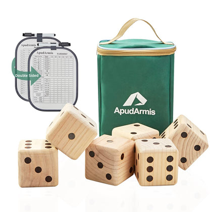 ApudArmis Giant Wooden Yard Dice Game, 3.5In Big Dice Lawn Game Set with Scoreboard & Carrying Bag - Large Pine Wooden 6 Dice Backyard Game for Kids Adults Family