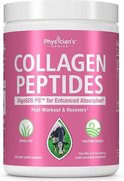 Physician's CHOICE Collagen Peptides Powder w/Digestive Enzymes - Hydrolyzed Protein - Type I & III - Keto Collagen Powder for Women & Men - Hair, Skin, Joints, Workout Recovery - Grass Fed - Non-GMO