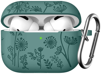 Lerobo Flower Engraved Case Compatible with AirPods Pro 2 Case Cover, Cute Soft Silicone Skin Full Protective Cover for Apple AirPods Pro Case 2nd 1st Generation Case USB C Front LED Visible PineGreen