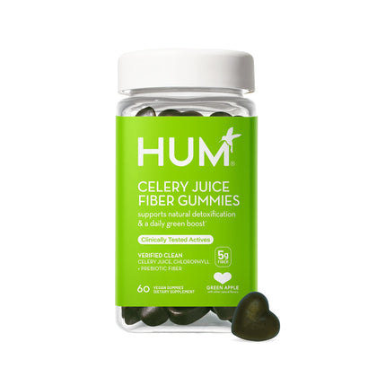HUM Celery Juice Fiber Gummies The First Prebiotic Celery Juice Gummy, Supports Detoxification and A Daily Green Boost with Celery Juice, Chlorophyll, and Prebiotic Fiber for Women and Men (60 Count)
