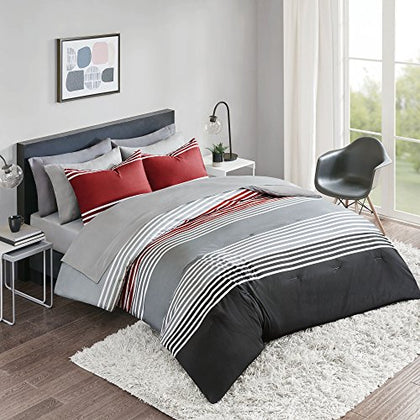 Comfort Spaces Comforter Sets with Sheets - Bed in a Bag 9 Pieces Teen Bedding Sets , Red and Grey Stripes Bedding Full, College Full Bed Set with 2 Side Pockets Bedroom Organizer