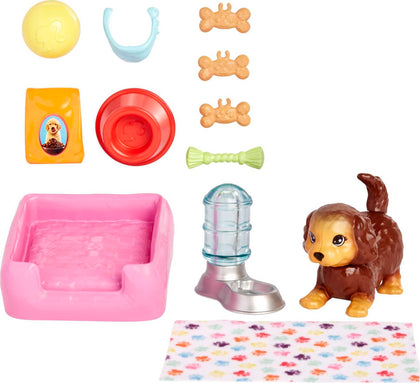 Barbie Pets and Accessories, Interactive Wagging & Nodding Puppy Playset with Pet Bed, 11 Total Animal-Themed Pieces