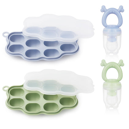 Baby Breastmilk Popsicle Molds & Baby Fruit Feeder (2 Pack), KingKam Baby Food Freezer Tray Storage Containers, Silicone Pacifier Feeder and Teether