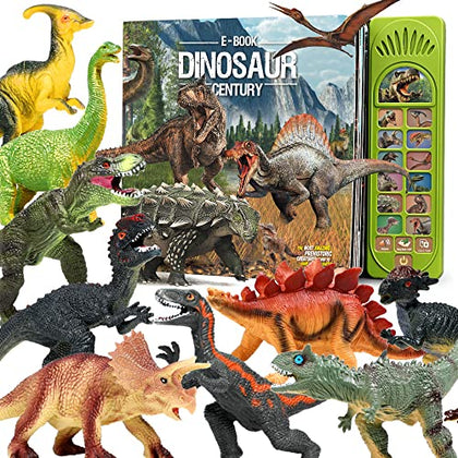 FRUSE Dinosaur Toys for Kids 3-5 - 12Pcs Dinosaur Figures w/Interactive Dinosaur Sound Book,Included Realistic Roars,Story & QA & Volume Adjust E-Book Animal Toy for 3 4 5 6 Kids