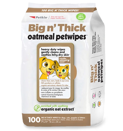 Petkin Pet Wipes for Dogs and Cats, Oatmeal, 100 Wipes (Large) for Dogs and Cats - Soothes Itchy Dry Skin and Cleans Ears, Face, Butt, Body and Eye Area - Idea for Home and Travel