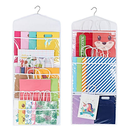 ProPik Hanging Double Sided Gift Bag Storage Organizer with Multiple Front and Back Pockets - Organize Your Gift Wrap, Tissue Paper, and Paper Bags 38 x 16 Inch PVC (White)
