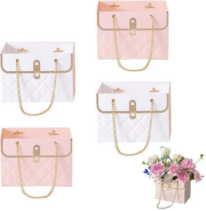 NADUSEP 4 PCS Flower Paper Gift Box, Bouquet Storage Bucket Florist Handbag with Metal Chain, Gift Craft Wrap Bag for Wedding Party Valentine's Day Birthday Mother's Day Gift Wrap Bags (White Pink)