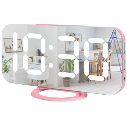 Lamisola Digital Alarm Clock, Large LED Mirror Display,2 USB Charging Ports,Auto Adjustable Brightness,Aesthetic Modern Clocks for Bedroom Office, Pink
