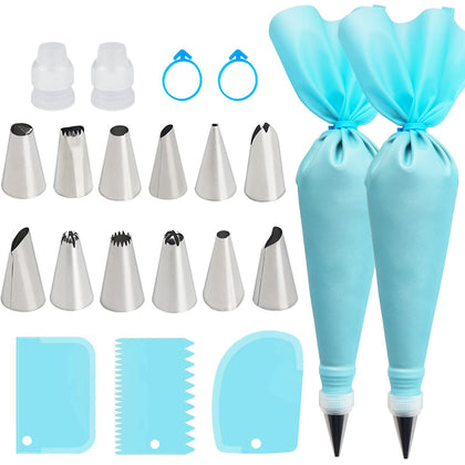 Piping Bags and Tips Set, Reusable Cake Decorating Supplies with 2 Reusable Bags, 12 Icing Tips, 2 Silicone Rings, 2 Couplers and 3 Scrapers, Cake Baking Tools for Cookie Icing Cakes Cupcakes