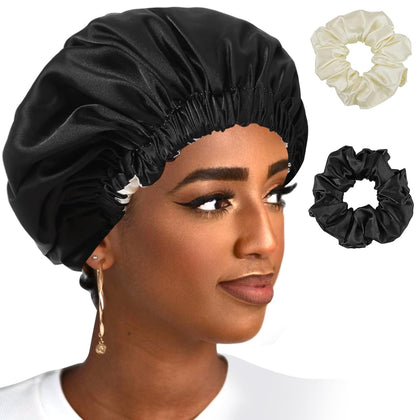CENTSTAR Reversible Silk Satin Bonnet for Sleeping, Large Adjustable Silk Satin Hair wrap Hair Cap for Women Curly Hair (Black)